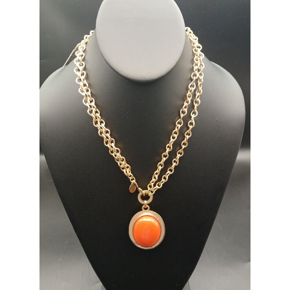 Chico’s Gold Tone Double Chain Necklace w/ Orange Cabochon Scarab Pendant – NWT